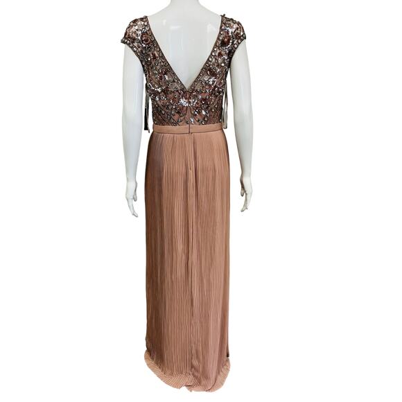AIDAN MATTOX Pink Sequin Lace Embellished Jewel Neck Pleated Maxi Dress Gown 6 - Picture 2 of 7